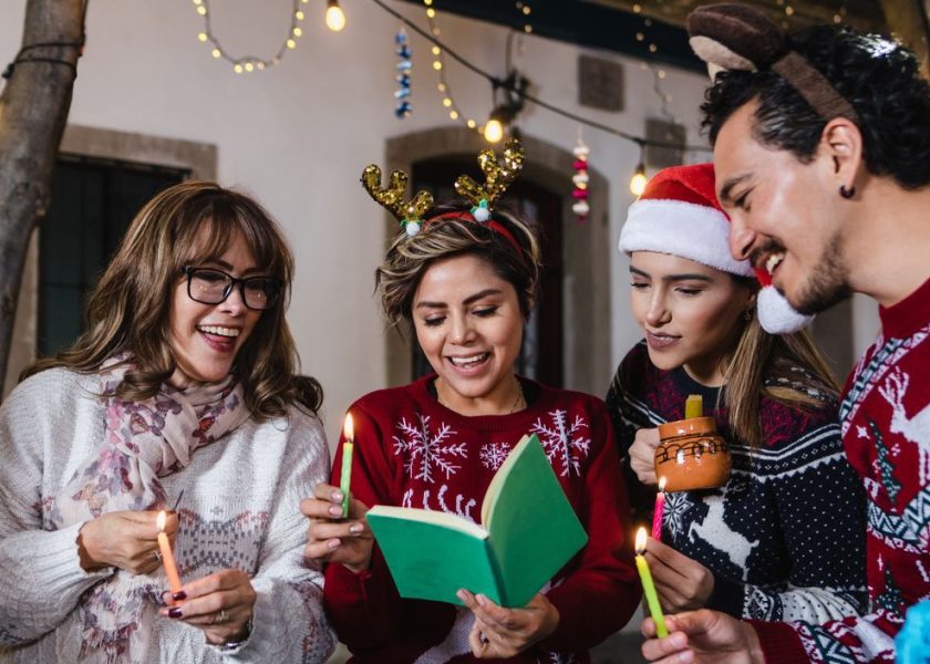 Mexican Posada, hispanic family Singing carols in Christmas celebration in Mexico Latin America culture and traditions