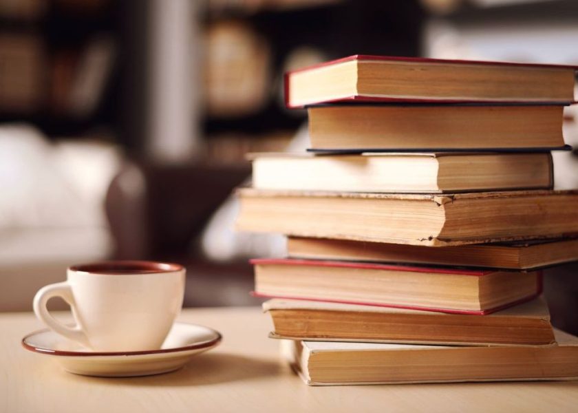 stack of books in home interior